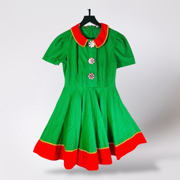 Womens Elf Costume XS Dress Green Red Holiday Christmas Party Candy Buttons - Picture 1 of 9